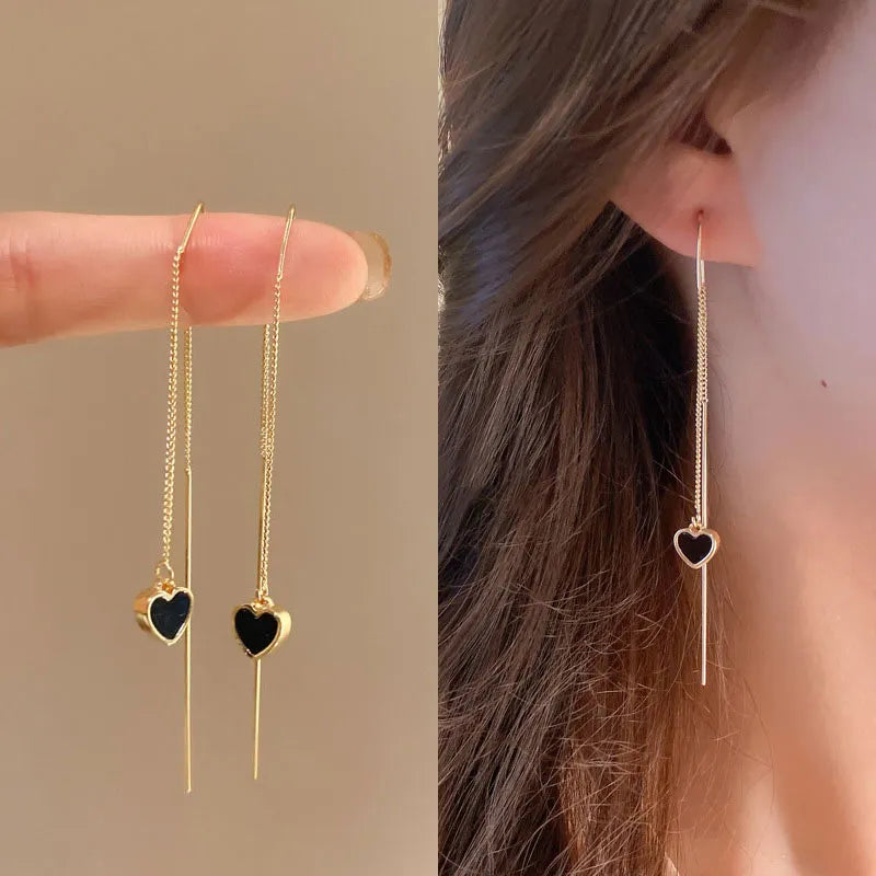 Boucles d'oreilles longues pendantes en forme de coeur de couleur noire